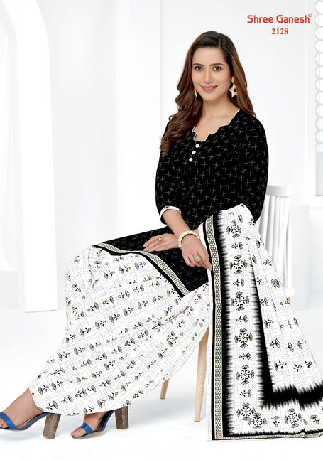 Shree Ganesh White And Black Printed Cotton Dress Material Catalog